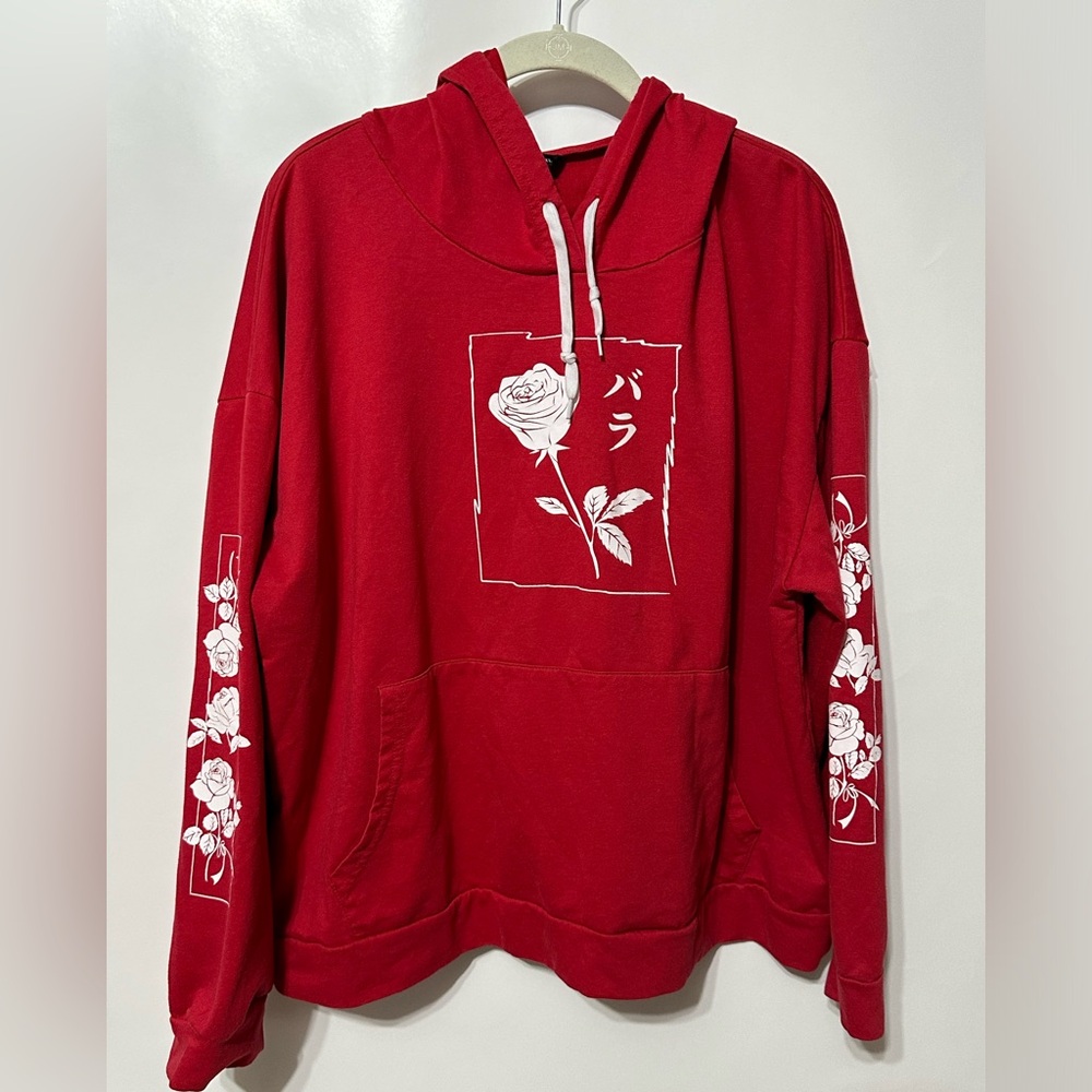 Japanese Letter And Floral Print Red oversized Hoodie size 4xl